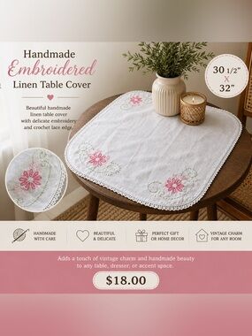 Handmade White Embroidered Table Cover 30.5” x 32” Pink Floral Crochet Trim